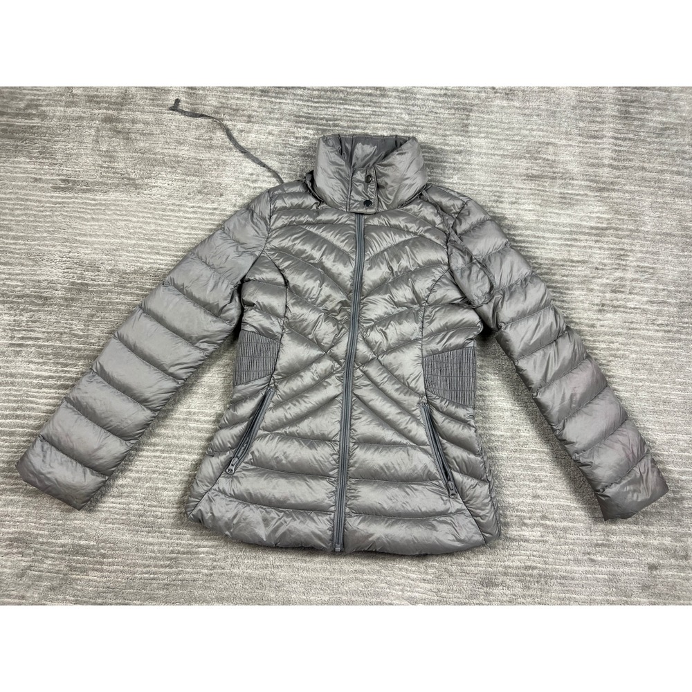 a.n.a Puffer Jacket Women S Gray Packable Premium Down Chevron Quilted Smocked